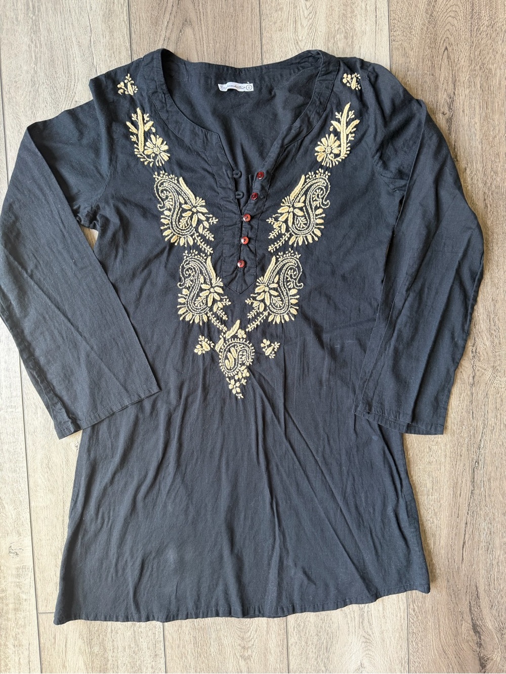 Amanda Blu- Black Embroidered V-Neck Tunic Top/ Swim Cover Up 100% Cotton (S)